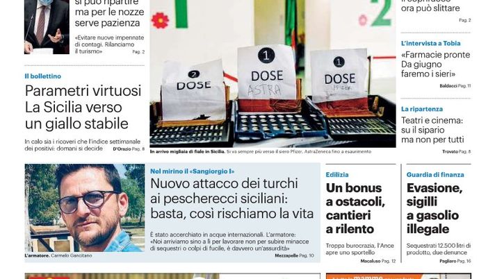 Prima Pagina, Giornale di Sicilia: “Vaccini aperti ai quarantenni. Juve costretta a inseguire” 