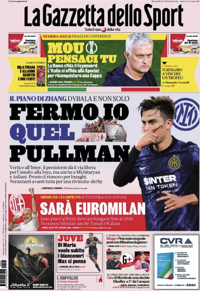 Prima Pagina, La Gazzetta dello Sport: “Dybala, il piano di Zhang. Mou, pensaci tu”  prima pagina