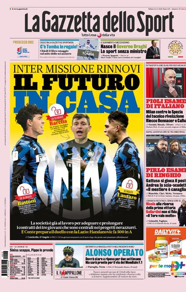Prima Pagina, La Gazzetta dello Sport: “Inter missione rinnovi, il futuro in casa” 