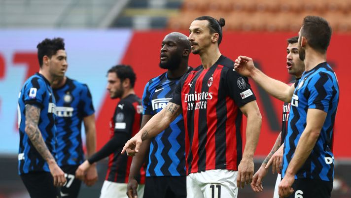 MILAN, ITALY - FEBRUARY 21: Zlatan Ibrahimovic of AC Milan looks on with Romelu Lukaku of Internazionale during the Serie A match between AC Milan and FC Internazionale at Stadio Giuseppe Meazza on February 21, 2021 in Milan, Italy. Sporting stadiums around Italy remain under strict restrictions due to the Coronavirus Pandemic as Government social distancing laws prohibit fans inside venues resulting in games being played behind closed doors. (Photo by Marco Luzzani/Getty Images) MILAN, ITALY - FEBRUARY 21: Zlatan Ibrahimovic of AC Milan looks on with Romelu Lukaku of Internazionale during the Serie A match between AC Milan and FC Internazionale at Stadio Giuseppe Meazza on February 21, 2021 in Milan, Italy. Sporting stadiums around Italy remain under strict restrictions due to the Coronavirus Pandemic as Government social distancing laws prohibit fans inside venues resulting in games being played behind closed doors. (Photo by Marco Luzzani/Getty Images)