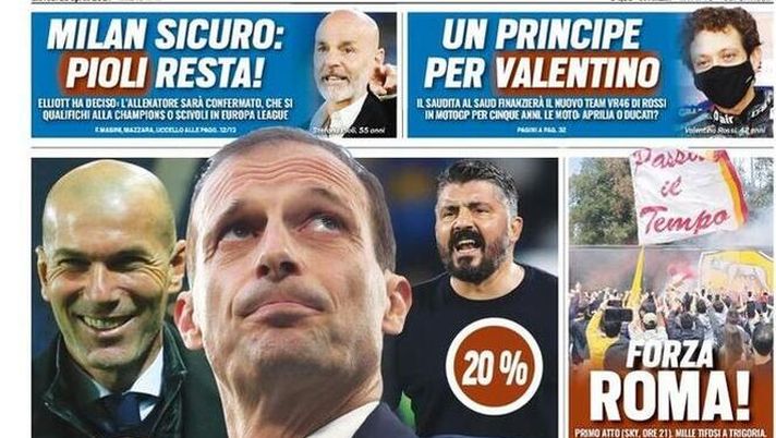Prima Pagina, Tuttosport: &#8220;Milan sicuro, Pioli resta! Casting Juve. Forza Roma. Champions, il City ribalta il Psg&#8221; 