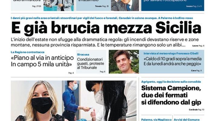 Prima Pagina, Giornale di Sicilia: “E già brucia mezza Sicilia” Prima Pagina, Giornale di Sicilia: “E già brucia mezza Sicilia”