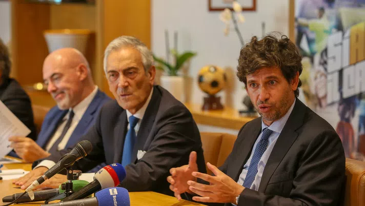 ROME, ITALY - OCTOBER 01: FIGC General Director Marco Brunelli, FIGC President Gabriele Gravina and former players Demetrio Albertini attend a press conference after the Italian Football  Federation (FIGC) federal council meeting on October 01, 2019 in Rome, Italy. (Photo by Giampiero Sposito/Getty Images)