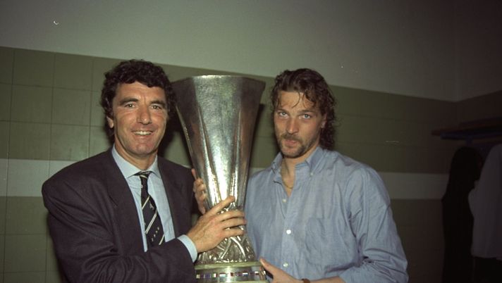 16 May 1990: Dino Zoff (left) Juventus team coach and Stefano Tacconi (right) Captain of Juventus hold the UEFA Cup after the Final second leg match against Florentina in Avellino, Italy. The match ended in a 0-0 draw but Juventus won 3-1 on aggregate. Mandatory Credit: Simon Bruty/Allsport