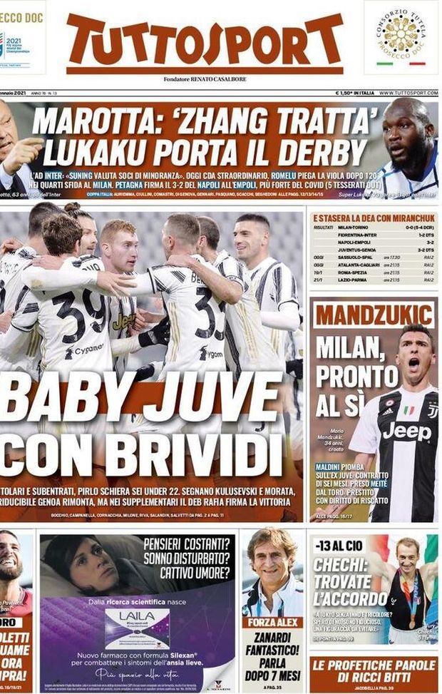 Tuttosport, la prima pagina di oggi, giovedì 14 gennaio 2021 
