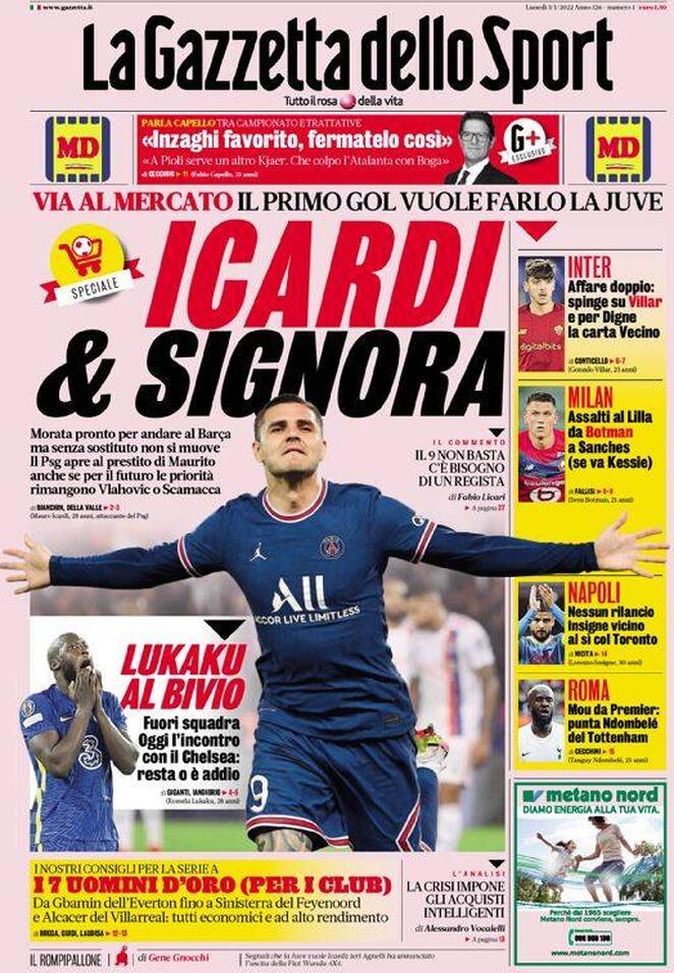 La Gazzetta dello Sport, la prima pagina di oggi, lunedì 3 gennaio 2022