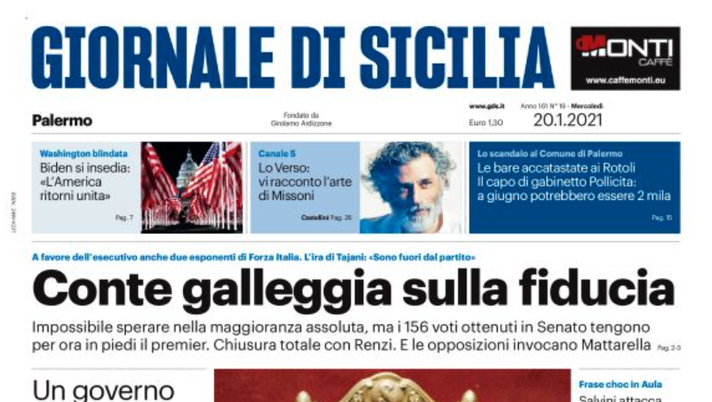Prima Pagina, Giornale di Sicilia: &#8220;Conte galleggia sulla fiducia! I ritardi di Pfizer allarmano Musumeci&#8221; 
