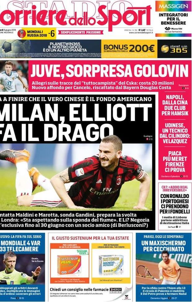 Prima Pagina, Corriere dello Sport: “Milan, Elliott fa il drago. CR7: ‘Addio al Real irreversibile’. Palermo, maxi schermo per Cecchinato…” Prima Pagina, Corriere dello Sport: “Milan, Elliott fa il drago. CR7: ‘Addio al Real irreversibile’. Palermo, maxi schermo per Cecchinato…”