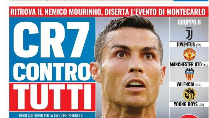 Prima Pagina, Tuttosport: “CR7 contro tutti. Roma, puoi sorridere. Napoli, è durissima. Inter, brivido Messi…” Prima Pagina, Tuttosport: “CR7 contro tutti. Roma, puoi sorridere. Napoli, è durissima. Inter, brivido Messi…”