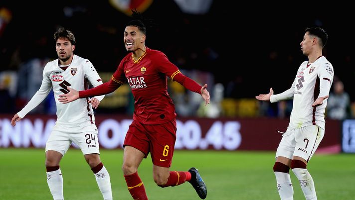 ROME, ITALY - JANUARY 05: Chris Smalling of AS Roma reacts during the Serie A match between AS Roma and Torino FC at Stadio Olimpico on January 5, 2020 in Rome, Italy.  (Photo by Paolo Bruno/Getty Images) 