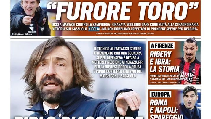 Prima Pagina, Tuttosport: &#8220;Pirlo riaccende Juve-Inter. Ribery e Ibra, la storia. Furore Toro&#8221; 