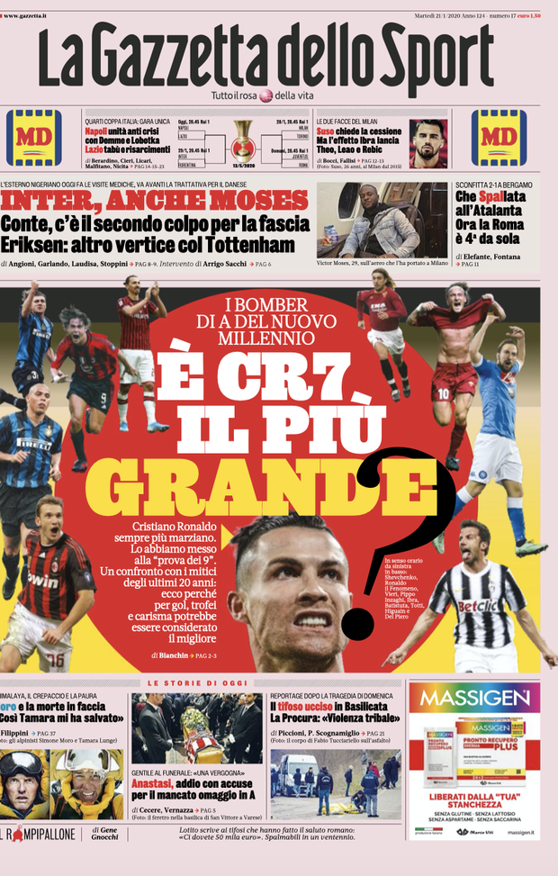 LE PRIME PAGINE DEI QUOTIDIANI SPORTIVI DEL 21.1