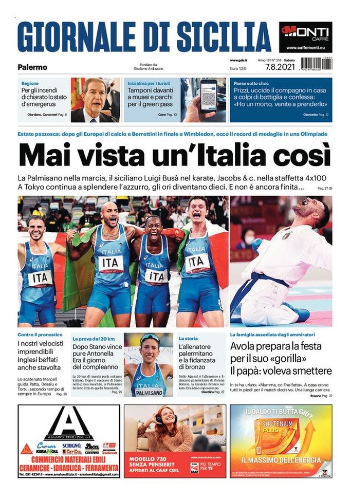 Prima Pagina, Giornale di Sicilia: &#8220;Mai vista un&#8217;Italia così! Estate pazzesca&#8221; 