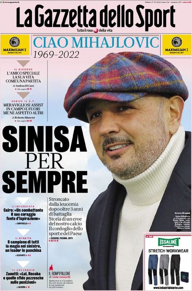 Prima pagina Gazzetta dello Sport 17/12/2022