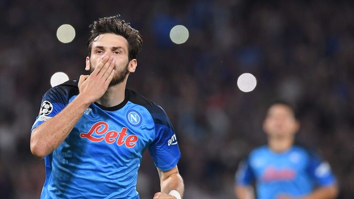 NAPLES, ITALY - OCTOBER 12: Khvicha Kvaratskhelia of Napoli celebrates after scoring the first goal of Napoli during the UEFA Champions League group A match between SSC Napoli and AFC Ajax at Stadio Diego Armando Maradona on October 12, 2022 in Naples, Italy. (Photo by SSC NAPOLI/SSC NAPOLI via Getty Images) Inter