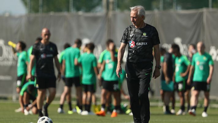 ANTALYA, TURKEY - JUNE 03: Australian head coach Bert van Marwijk ooks on during the Australian Socceroos Training Session at the Gloria Football Club on June 3, 2018 in Antalya, Turkey.  (Photo by Robert Cianflone/Getty Images)  ANTALYA, TURKEY - JUNE 03: Australian head coach Bert van Marwijk ooks on during the Australian Socceroos Training Session at the Gloria Football Club on June 3, 2018 in Antalya, Turkey.  (Photo by Robert Cianflone/Getty Images)