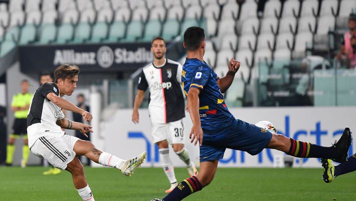 TURIN, ITALY - JUNE 26:  Paulo Dybala of Juventus scores the opening goal during the Serie A match between Juventus and  US Lecce at Allianz Stadium on June 26, 2020 in Turin, Italy.  (Photo by Valerio Pennicino/Getty Images) 