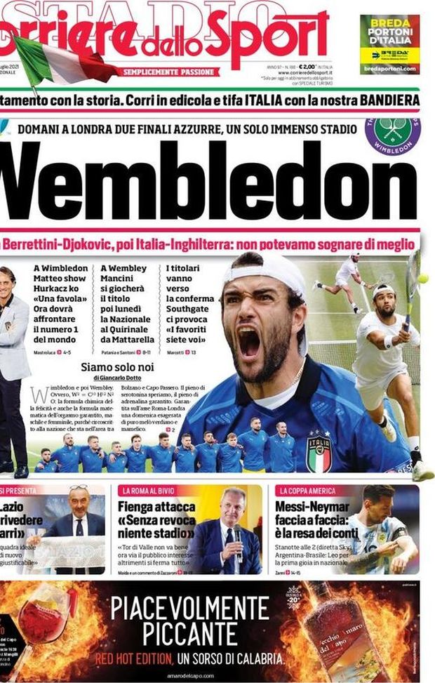 Prima Pagina, Corriere dello Sport: “Wembledon! Prima Berrettini, poi l’Italia” Prima Pagina, Corriere dello Sport: “Wembledon! Prima Berrettini, poi l’Italia”
