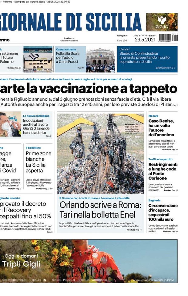 Prima Pagina, Giornale di Sicilia: “Parte la vaccinazione a tappeto, dal 3 giugno le prenotazioni” Prima Pagina, Giornale di Sicilia: “Parte la vaccinazione a tappeto, dal 3 giugno le prenotazioni”