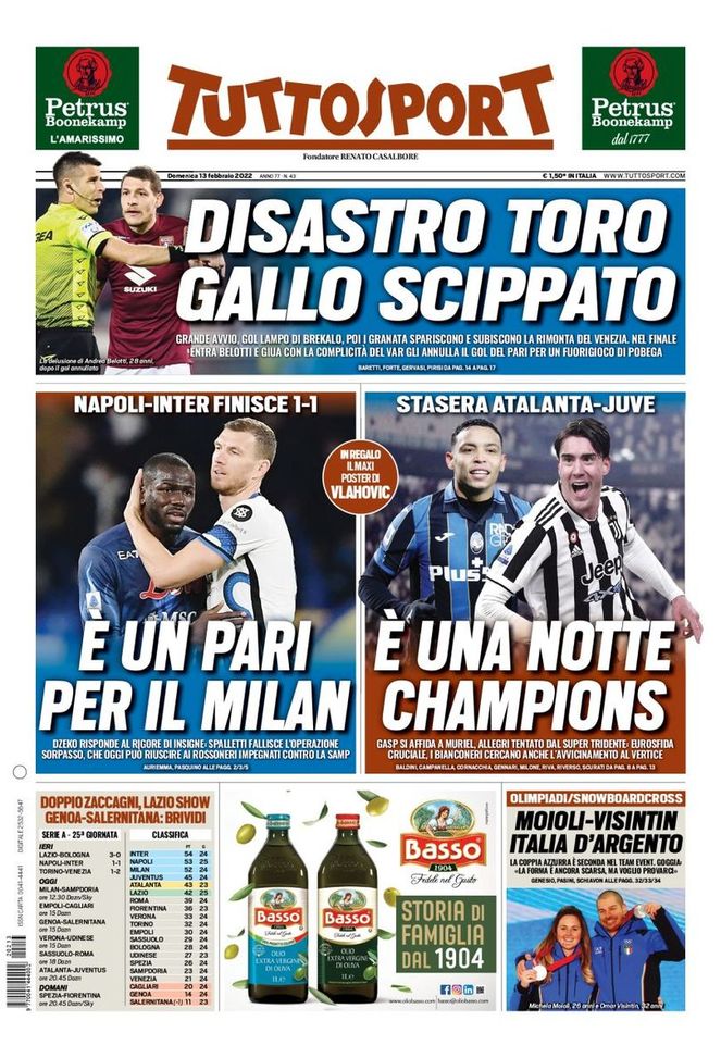 Prima Pagina, Tuttosport: “Napoli-Inter, è un pari per il Milan. Notte Champions” - immagine 1