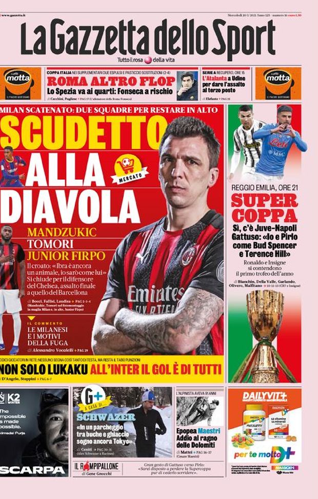 La Gazzetta dello Sport, la prima pagina di oggi, mercoledì 20 gennaio 2021 