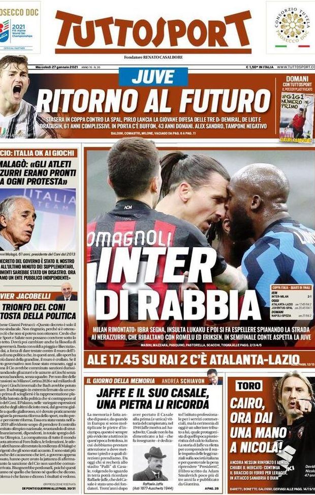 Tuttosport, la prima pagina di oggi, mercoledì 27 gennaio 2021 Tuttosport, la prima pagina di oggi, mercoledì 27 gennaio 2021