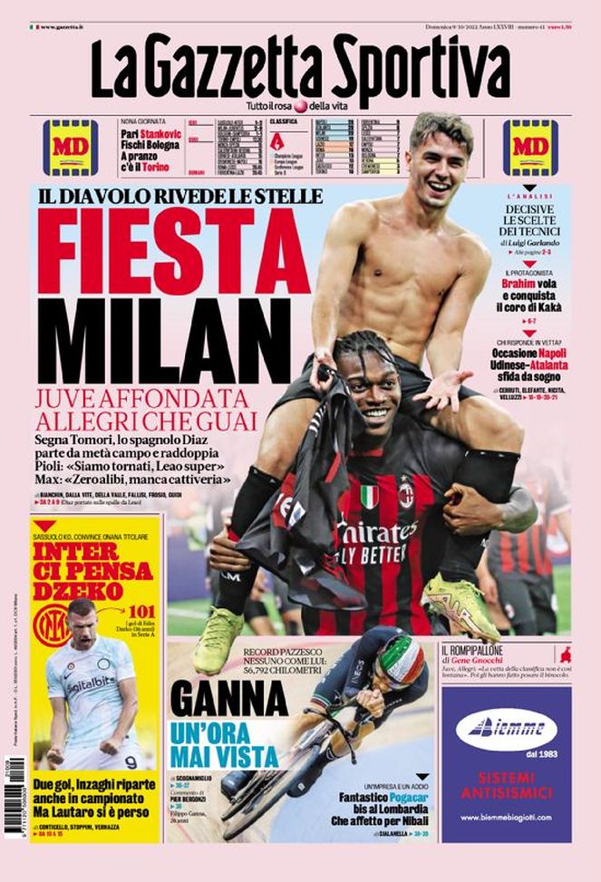 La Gazzetta dello Sport, la prima pagina di oggi, domenica 9 ottobre 2022