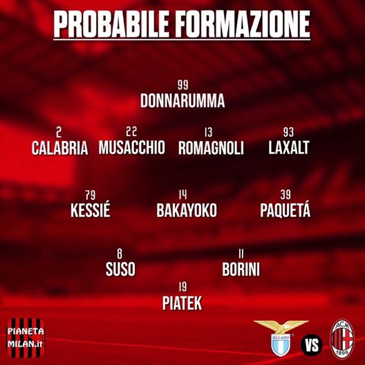 Lazio-Milan, la probabile formazione rossonera, @PianetaMilan Lazio-Milan, la probabile formazione rossonera, @PianetaMilan
