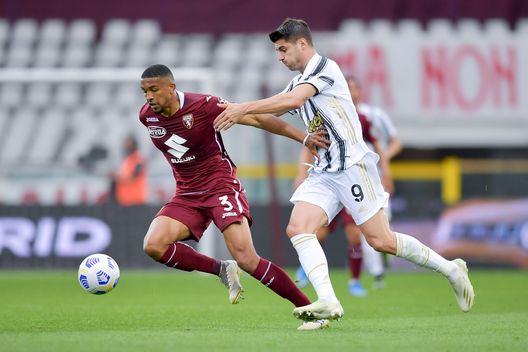TURIN, ITALY - APRIL 03: Alvaro Morata of Juventus is challenged by Bremer of Torino FC during the Serie A match between Torino FC and Juventus at Stadio Olimpico di Torino on April 03, 2021 in Turin, Italy. Sporting stadiums around Italy remain under strict restrictions due to the Coronavirus Pandemic as Government social distancing laws prohibit fans inside venues resulting in games being played behind closed doors. (Photo by Daniele Badolato - Juventus FC/Juventus FC via Getty Images) TURIN, ITALY - APRIL 03: Alvaro Morata of Juventus is challenged by Bremer of Torino FC during the Serie A match between Torino FC and Juventus at Stadio Olimpico di Torino on April 03, 2021 in Turin, Italy. Sporting stadiums around Italy remain under strict restrictions due to the Coronavirus Pandemic as Government social distancing laws prohibit fans inside venues resulting in games being played behind closed doors. (Photo by Daniele Badolato - Juventus FC/Juventus FC via Getty Images)
