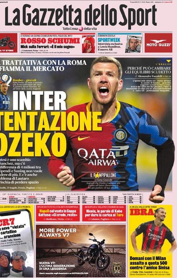 La Gazzetta dello Sport, la prima pagina di oggi, venerdì 29 gennaio 2021 