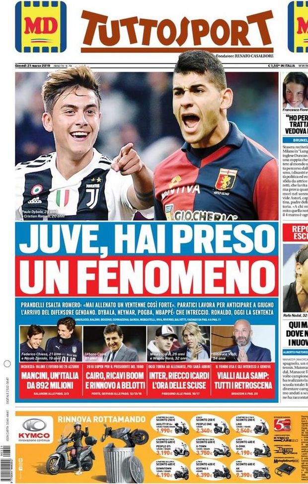 Prima Pagina, Tuttosport: “Juve, hai preso un fenomeno. Un’Italia da 892 milioni. Inter, riecco Icardi” Prima Pagina, Tuttosport: “Juve, hai preso un fenomeno. Un’Italia da 892 milioni. Inter, riecco Icardi”