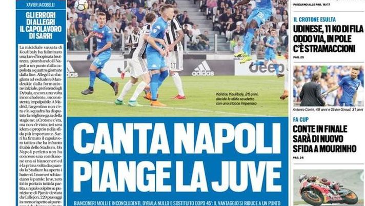 Prima Pagina, Tuttosport: “Canta Napoli, piange la Juve. Dybala nullo e sostituito. Udinese 11 KO di fila: Oddo via, Stramaccioni in pole…” Prima Pagina, Tuttosport: “Canta Napoli, piange la Juve. Dybala nullo e sostituito. Udinese 11 KO di fila: Oddo via, Stramaccioni in pole…”