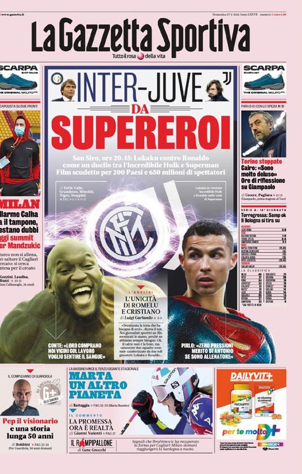 Prima Pagina, La Gazzetta dello Sport: “Inter-Juve da Supereroi. Milan, allarme Calha” Prima Pagina, La Gazzetta dello Sport: “Inter-Juve da Supereroi. Milan, allarme Calha”