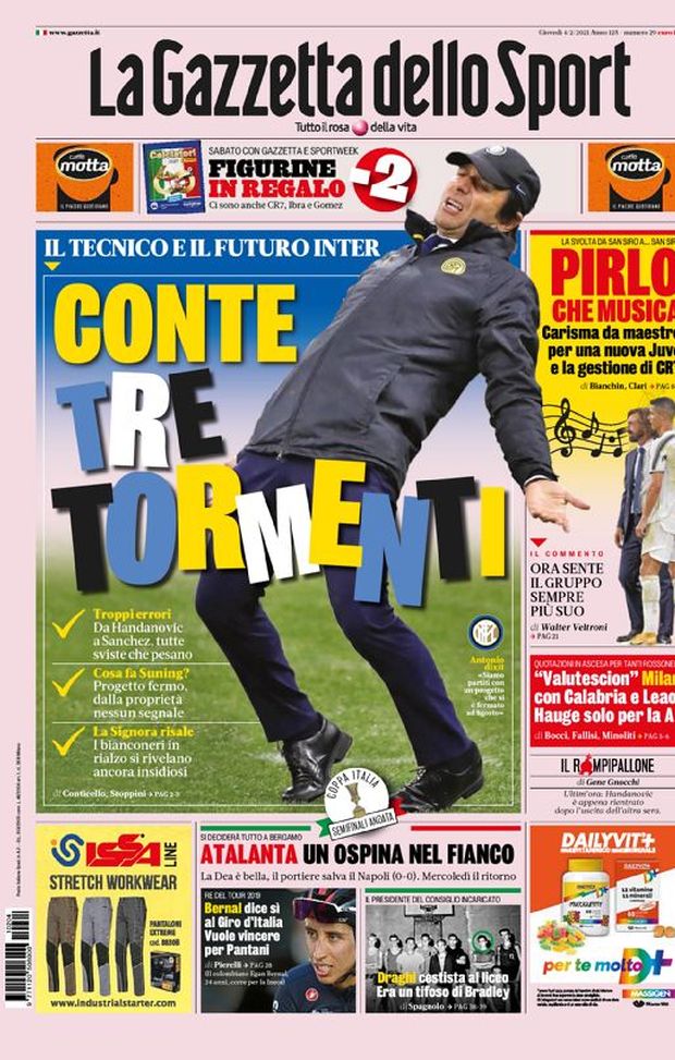 Prima Pagina, La Gazzetta dello Sport: “Conte, tre tormenti. Pirlo, che musica. Atalanta, un Ospina nel fianco” 