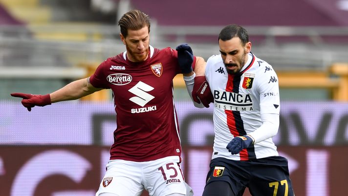 TURIN, ITALY - FEBRUARY 13: Cristian Ansaldi of Torino FC battles for possession with Davide Zappacosta of Genoa during the Serie A match between Torino FC and Genoa CFC at Stadio Olimpico di Torino on February 13, 2021 in Turin, Italy. Sporting stadiums around Italy remain under strict restrictions due to the Coronavirus Pandemic as Government social distancing laws prohibit fans inside venues resulting in games being played behind closed doors. (Photo by Valerio Pennicino/Getty Images) TURIN, ITALY - FEBRUARY 13: Cristian Ansaldi of Torino FC battles for possession with Davide Zappacosta of Genoa during the Serie A match between Torino FC and Genoa CFC at Stadio Olimpico di Torino on February 13, 2021 in Turin, Italy. Sporting stadiums around Italy remain under strict restrictions due to the Coronavirus Pandemic as Government social distancing laws prohibit fans inside venues resulting in games being played behind closed doors. (Photo by Valerio Pennicino/Getty Images)