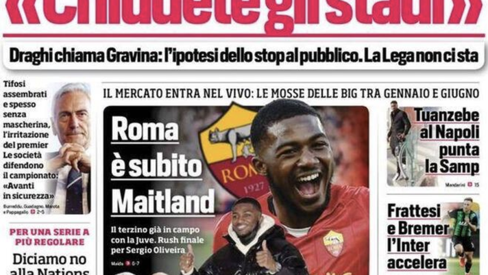 Prima Pagina, Corriere dello Sport: “Chiudete gli stadi. No alla Nations League” prima pagina