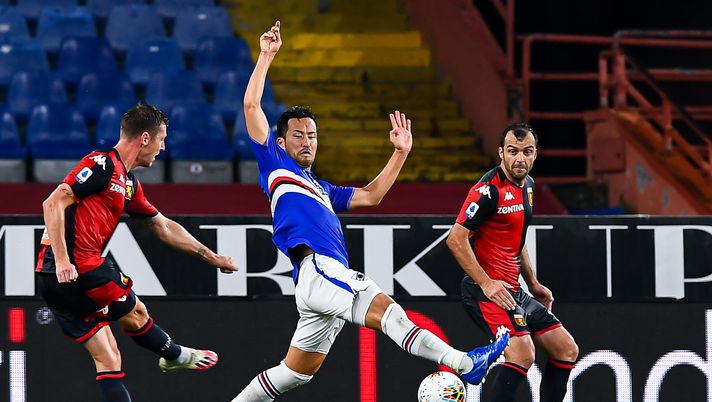 GENOA, ITALY - JULY 22: Lukas Lerager of Genoa (left) scores a goal during the Serie A match between UC Sampdoria and Genoa CFC at Stadio Luigi Ferraris on July 22, 2020 in Genoa, Italy. (Photo by Paolo Rattini/Getty Images) 