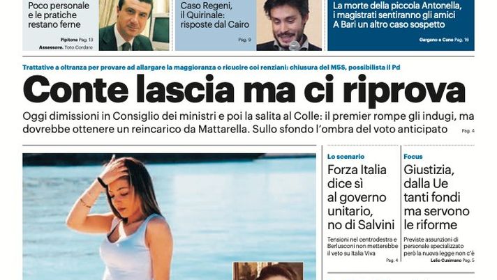 Prima Pagina, Giornale di Sicilia: “Conte lascia ma ci riprova. Roberta, il disagio, la tragedia”  Prima Pagina, Giornale di Sicilia: “Conte lascia ma ci riprova. Roberta, il disagio, la tragedia”