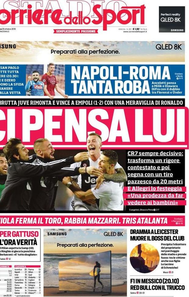 Prima Pagina, Corriere dello Sport: “Ci pensa lui. Napoli-Roma, tanta roba. Dramma Leicester…” Prima Pagina, Corriere dello Sport: “Ci pensa lui. Napoli-Roma, tanta roba. Dramma Leicester…”