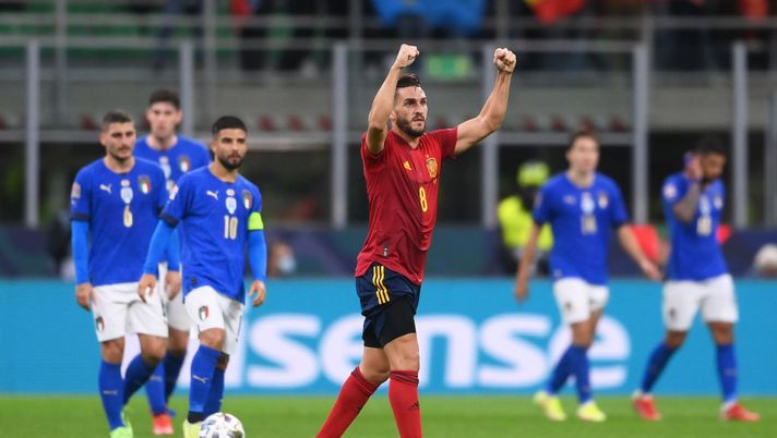 MILAN, ITALY - OCTOBER 06: Koke of Spain celebrates their side's second goal scored by Ferran Torres of Spain (not pictured) during the UEFA Nations League 2021 Semi-final match between Italy and Spain at San Siro Stadium on October 06, 2021 in Milan, Italy. (Photo by Laurence Griffiths/Getty Images) MILAN, ITALY - OCTOBER 06: Koke of Spain celebrates their side's second goal scored by Ferran Torres of Spain (not pictured) during the UEFA Nations League 2021 Semi-final match between Italy and Spain at San Siro Stadium on October 06, 2021 in Milan, Italy. (Photo by Laurence Griffiths/Getty Images)