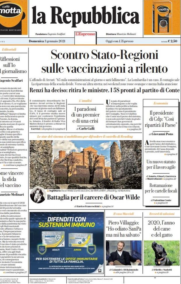 Prima Pagina, La Repubblica: “Vaccinazioni a rilento, scontro Stato-Regioni. Affondo Arcuri, strategia 5S” 