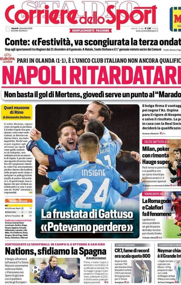  La prima pagine del Corriere dello Sport, in edicola oggi 4 dicembre 2020 