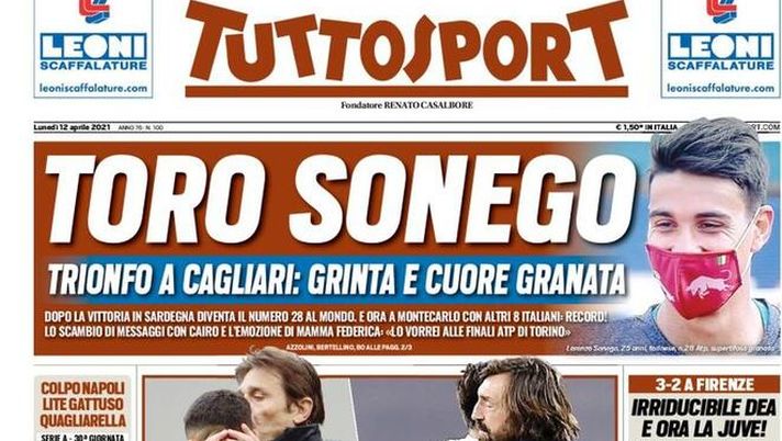 Tuttosport, la prima pagina di oggi, lunedì 12 aprile 2021 Tuttosport, la prima pagina di oggi, lunedì 12 aprile 2021