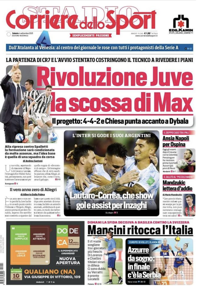 Prima Pagina, Corriere dello Sport: &#8220;Rivoluzione Juventus, la scossa di Max&#8221; 