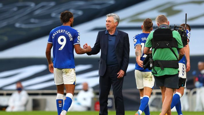 LONDON, ENGLAND - SEPTEMBER 13: Carlo Ancelotti, Manager of Everton celebrates victory with Dominic Calvert-Lewin of Everton after the Premier League match between Tottenham Hotspur and Everton at Tottenham Hotspur Stadium on September 13, 2020 in London, England. (Photo by Catherine Ivill/Getty Images) LONDON, ENGLAND - SEPTEMBER 13: Carlo Ancelotti, Manager of Everton celebrates victory with Dominic Calvert-Lewin of Everton after the Premier League match between Tottenham Hotspur and Everton at Tottenham Hotspur Stadium on September 13, 2020 in London, England. (Photo by Catherine Ivill/Getty Images)