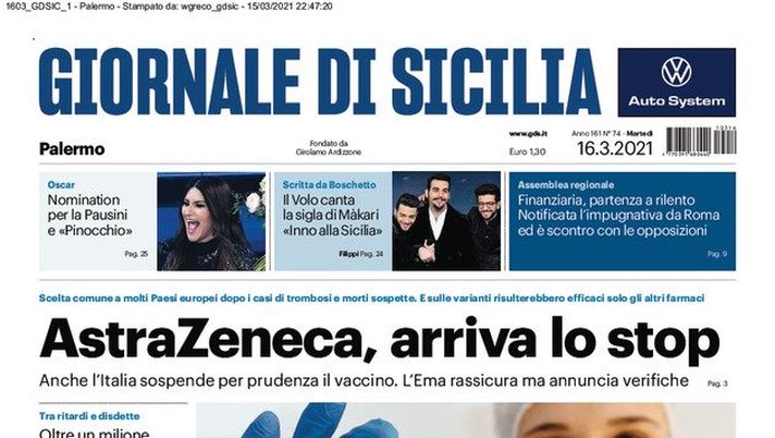 Prima Pagina, Giornale di Sicilia: “AstraZeneca, arriva lo stop. Ora campagna in bilico” Prima Pagina, Giornale di Sicilia: “AstraZeneca, arriva lo stop. Ora campagna in bilico”