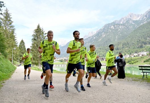AURONZO DI CADORE, ITALY - AUGUST 26: Nicolò Armini, Marco Parolo and Ciro Immobile of SS Lazio run along the lake of Santa Cristina during the SS Lazio training camp on August 26, 2020 in Auronzo di Cadore, Italy. (Photo by Marco Rosi - SS Lazio/Getty Images)