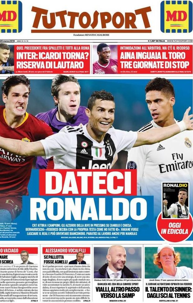Prima Pagina, Tuttosport: “Dateci Ronaldo. Inter, Icardi torna? Riserva di Lautaro. Aina inguaia il Toro” Prima Pagina, Tuttosport: “Dateci Ronaldo. Inter, Icardi torna? Riserva di Lautaro. Aina inguaia il Toro”