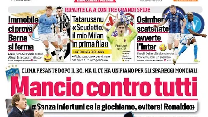 Prima Pagina, Corriere dello Sport: “Mancio contro tutti. Fantastico Sinner” - immagine 1