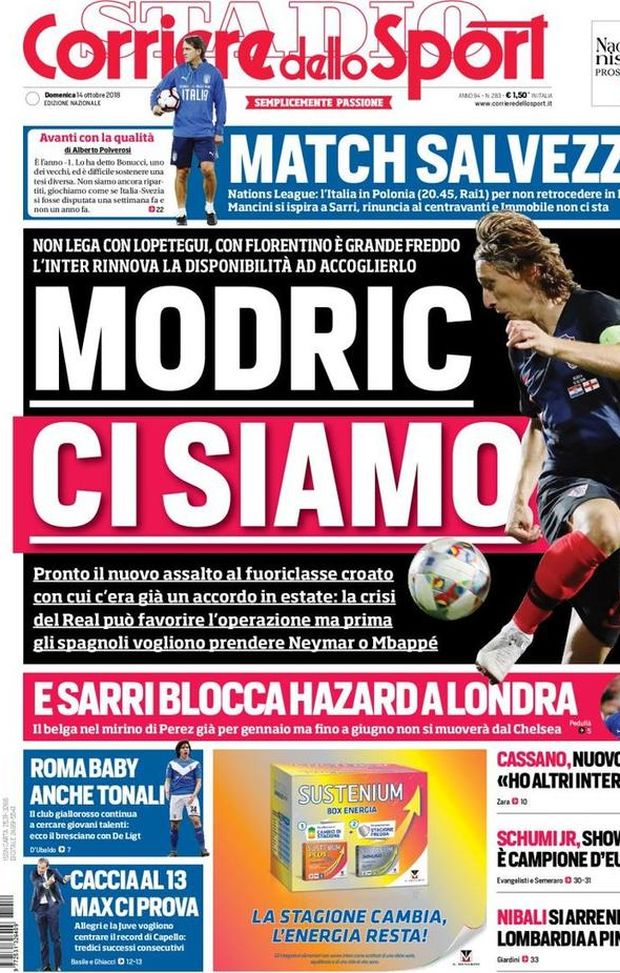 Prima Pagina, Corriere dello Sport: “Modric, ci siamo. Match salvezza. Roma baby, anche Tonali. Caccia al 13…” Prima Pagina, Corriere dello Sport: “Modric, ci siamo. Match salvezza. Roma baby, anche Tonali. Caccia al 13…”